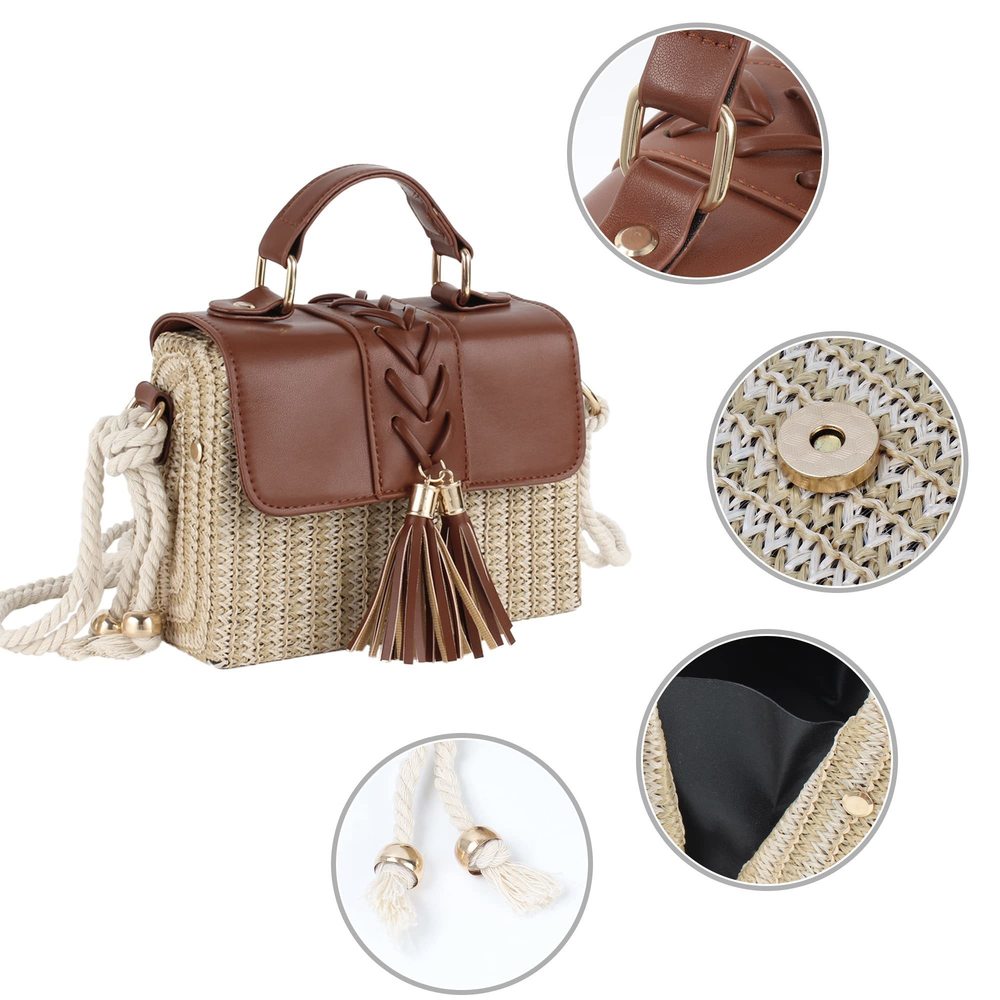 Mini Braided Tassels Straw Woven Cross-Body Bag Pu Leather Flap B) - Picture 3 of 7